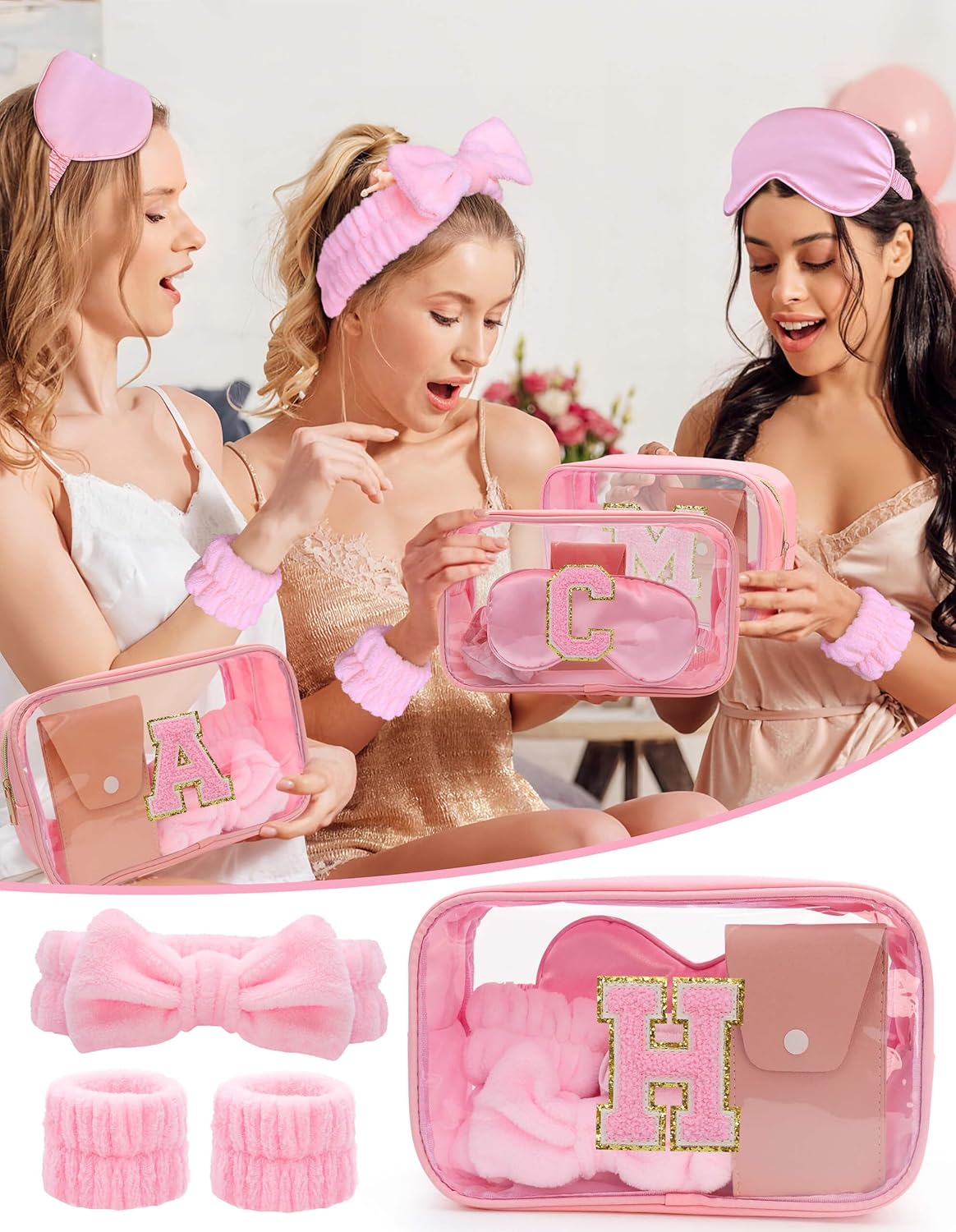 Gift Sets for Women, Initial Makeup Bag with Makeup Brush Set Bachelorette Party Favors, Pink Spa Kit with Skincare Headbands Wrist Bands Sleepover Party Supplies Gifts for Teen Girls Bridesmaid H