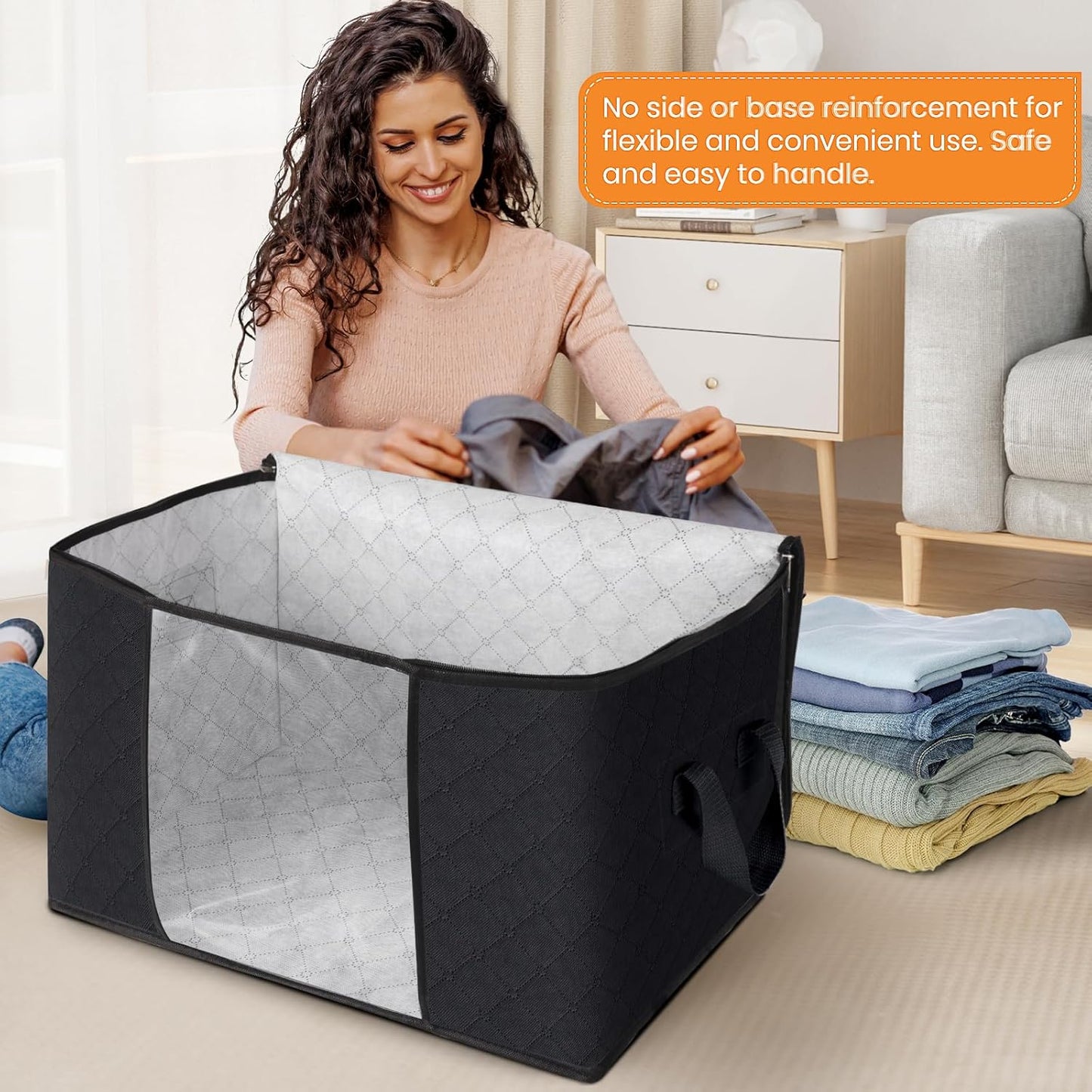 Fab totes 24 Gallons Clothes Storage, Foldable Thick Fabric Blanket Storage Bags, Containers for Organizing Bedroom, Closet, Clothing, Comforter, Organization with Handle (8 Pack,Black)