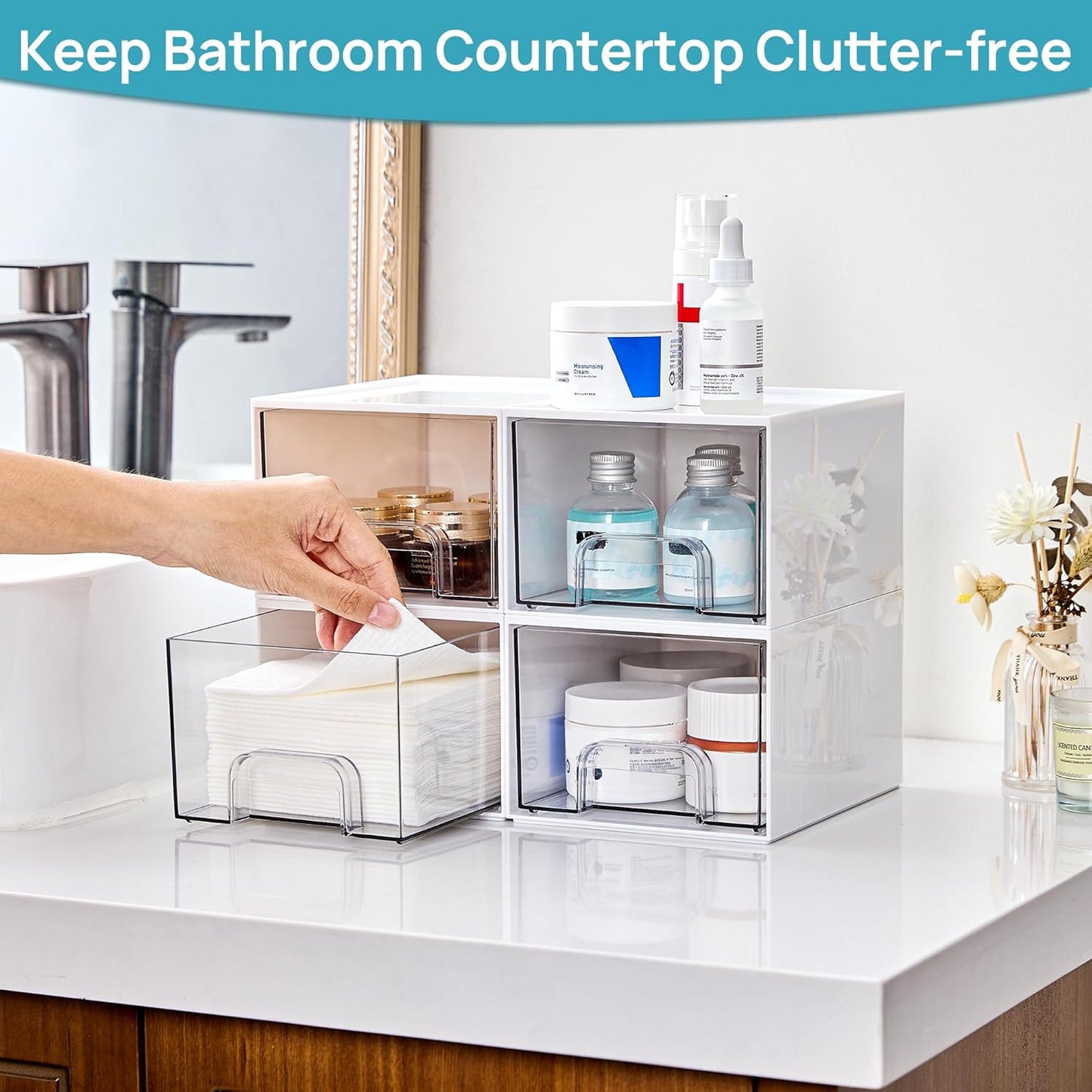 Vtopmart 4Pack Small Stackable Storage Drawer, Bathroom Makeup Organizer,Plastic Storage Bins For Vanity, Undersink, Kitchen Cabinets, Pantry, Home Organization(White)