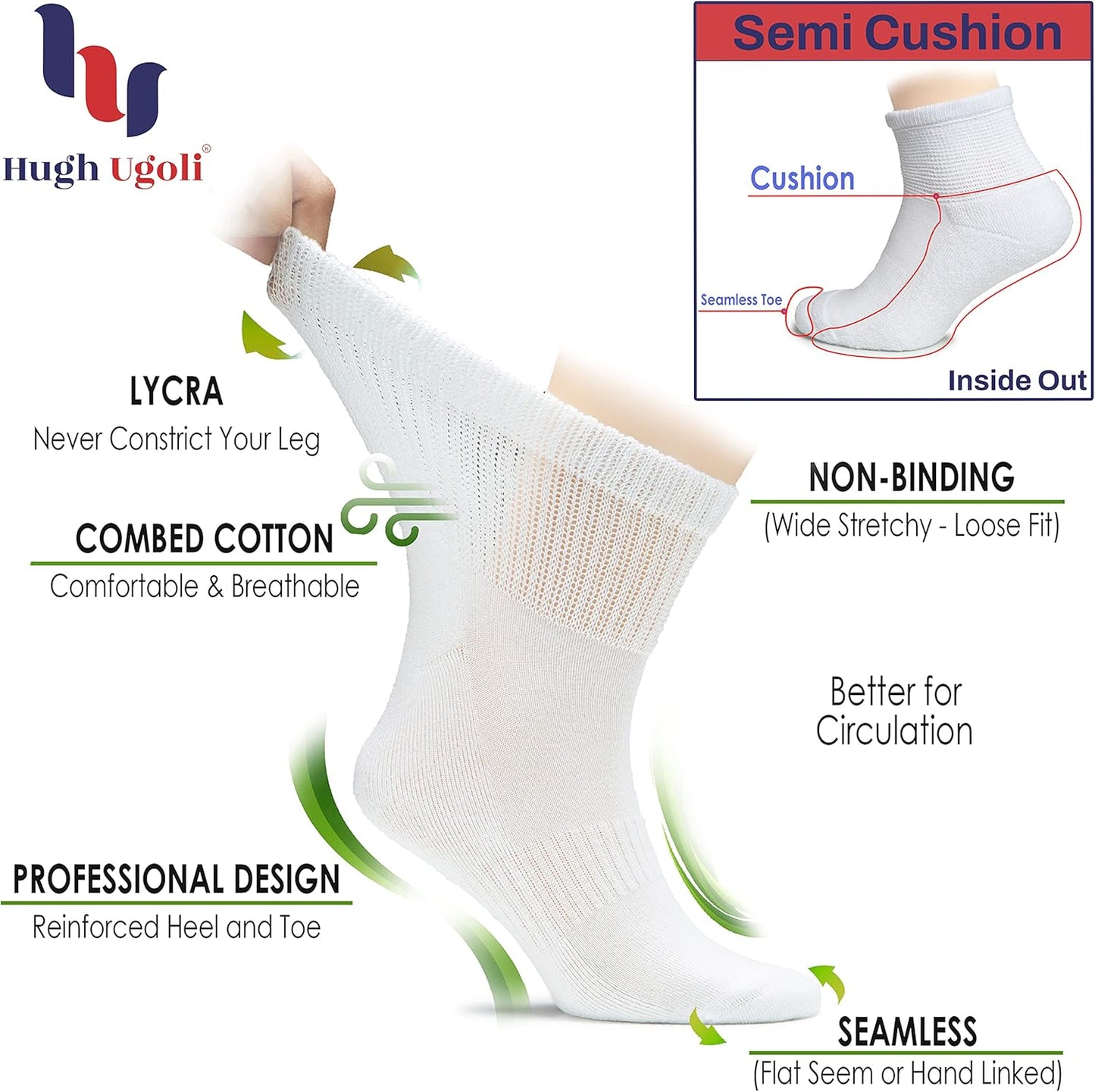 Hugh Ugoli Women's Cotton Diabetic Ankle Socks, Wide, Loose, Stretchy, Seamless Toe, Non Binding Top Semi Cushion, 3-6 Pairs