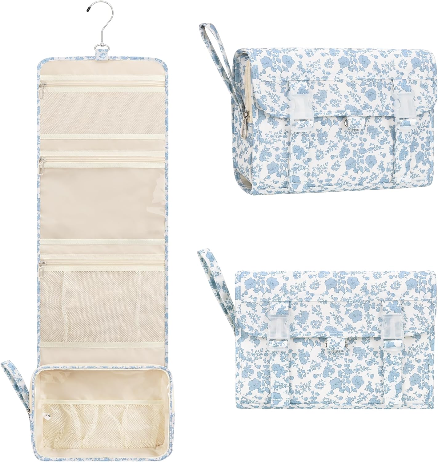 Hanging Toiletry Bag, Travel Toiletries Bag with Hanging Hook, Water Resistant Makeup Cosmetic Organizer for Full Sized Container, Shampoo, Portable Wash Bag for Travel Size Essentials - Blue Flower