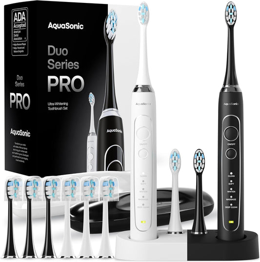 Aquasonic Duo Series PRO – Ultra-Whitening Electric Toothbrush Set – 5 Modes & Smart Timers – Premium Travel Cases & 10 Proflex Brush Heads – ADA Accepted Toothbrushes