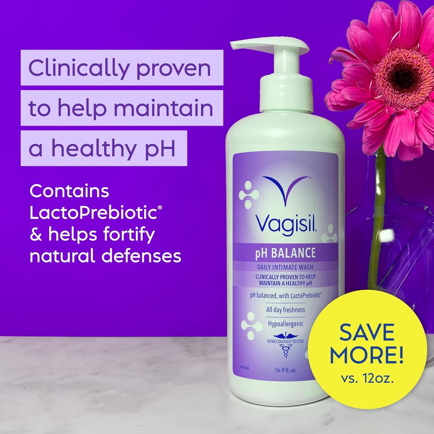 Vagisil Feminine Wash for Intimate Area Hygiene, pH Balance, Gynecologist Tested, Hypoallergenic, 16.9 oz with Pump