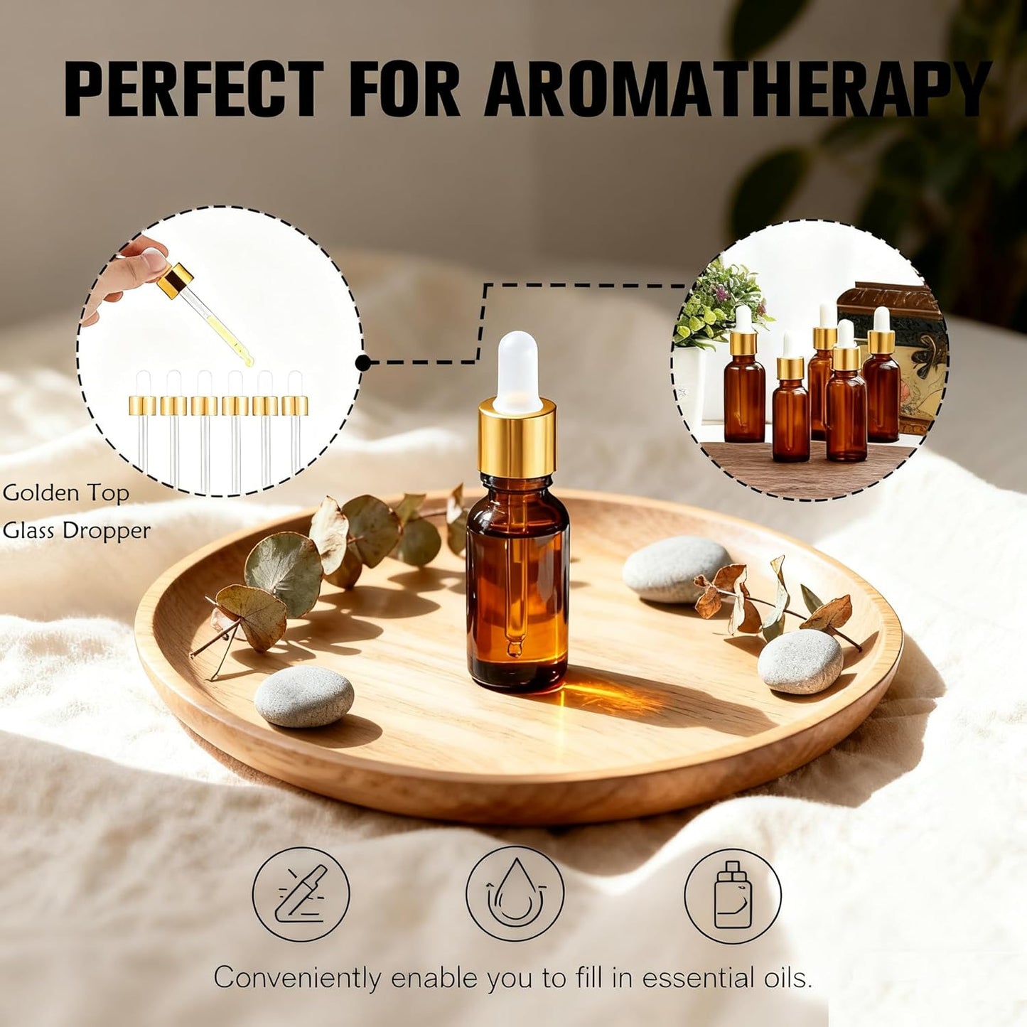 PrettyCare Glass Eye Dropper Bottles 24 Pack, 0.5oz (15ml) Small Amber Empty Thick Bottles with Leakproof Golden Caps - With Labels & Funnels for Storage, Travel, Essential Oils, Tinctures