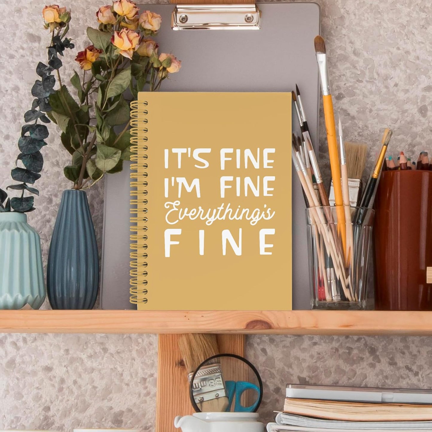 XPH Funny Yellow Spiral Notebook, It's Fine I'm Everything Is Fine Journaling Notebooks for Women Men, Humorous Hardcover Journals for Office 160 Pages 5.5 x 8.3 Inch, Sarcastic Gifts for Coworkers