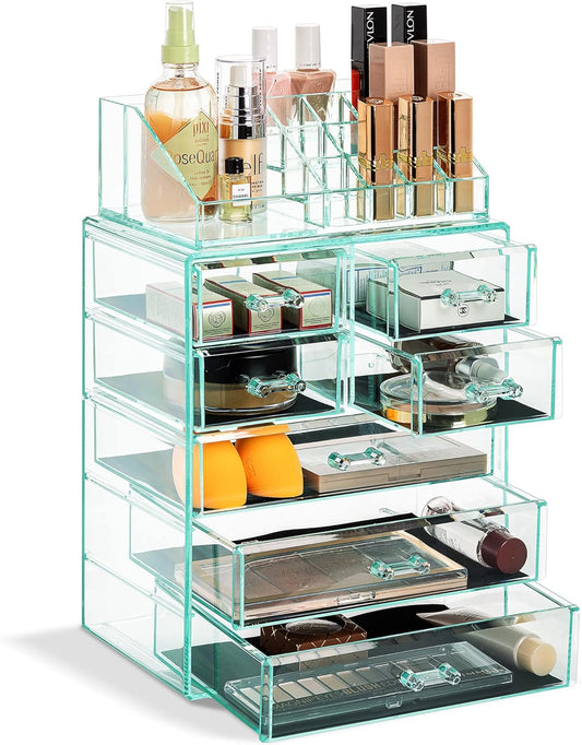 Sorbus Clear Cosmetic Makeup Organizer - Make Up & Jewelry Storage, Case & Display - Spacious Design - Great Holder for Dresser, Bathroom, Vanity & Countertop (3 Large, 4 Small Drawers) [Teal Thrill]