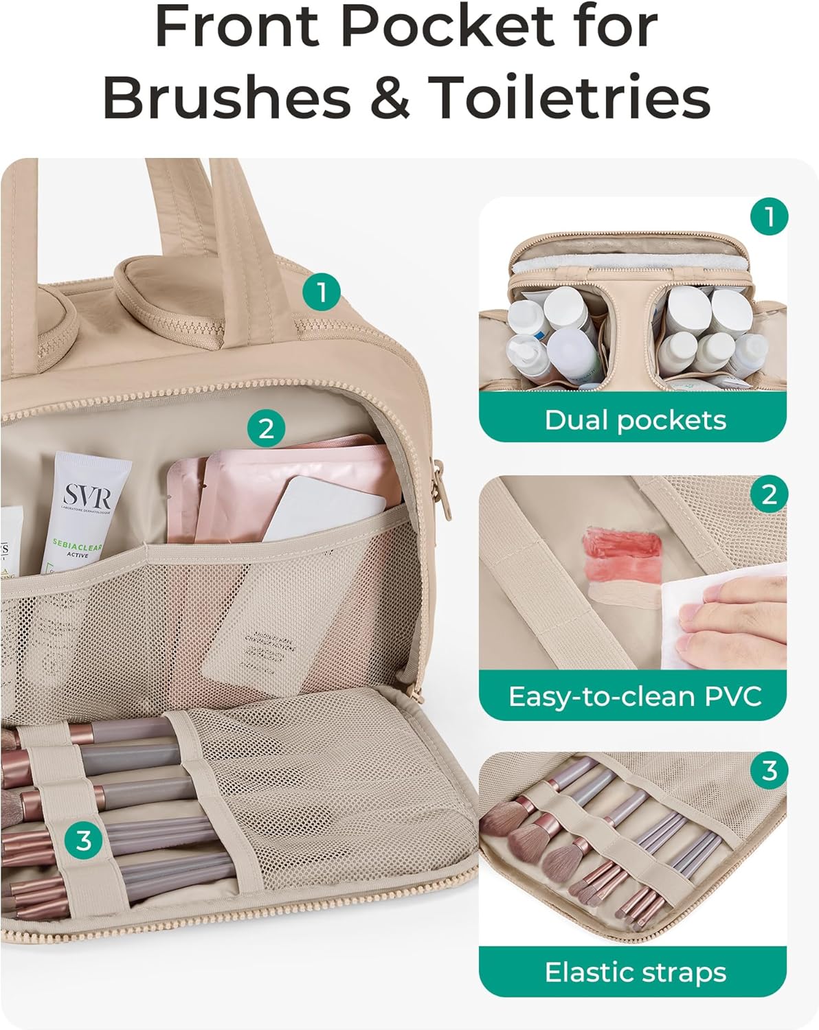 BAGSMART Travel Toiletry Bag, Puffy Toiletry Bag for Women, Wide-open toiletry bags for traveling, Large Travel Cosmetic Makeup Bag Organizer for Accessories,Toiletrie (Khaki)