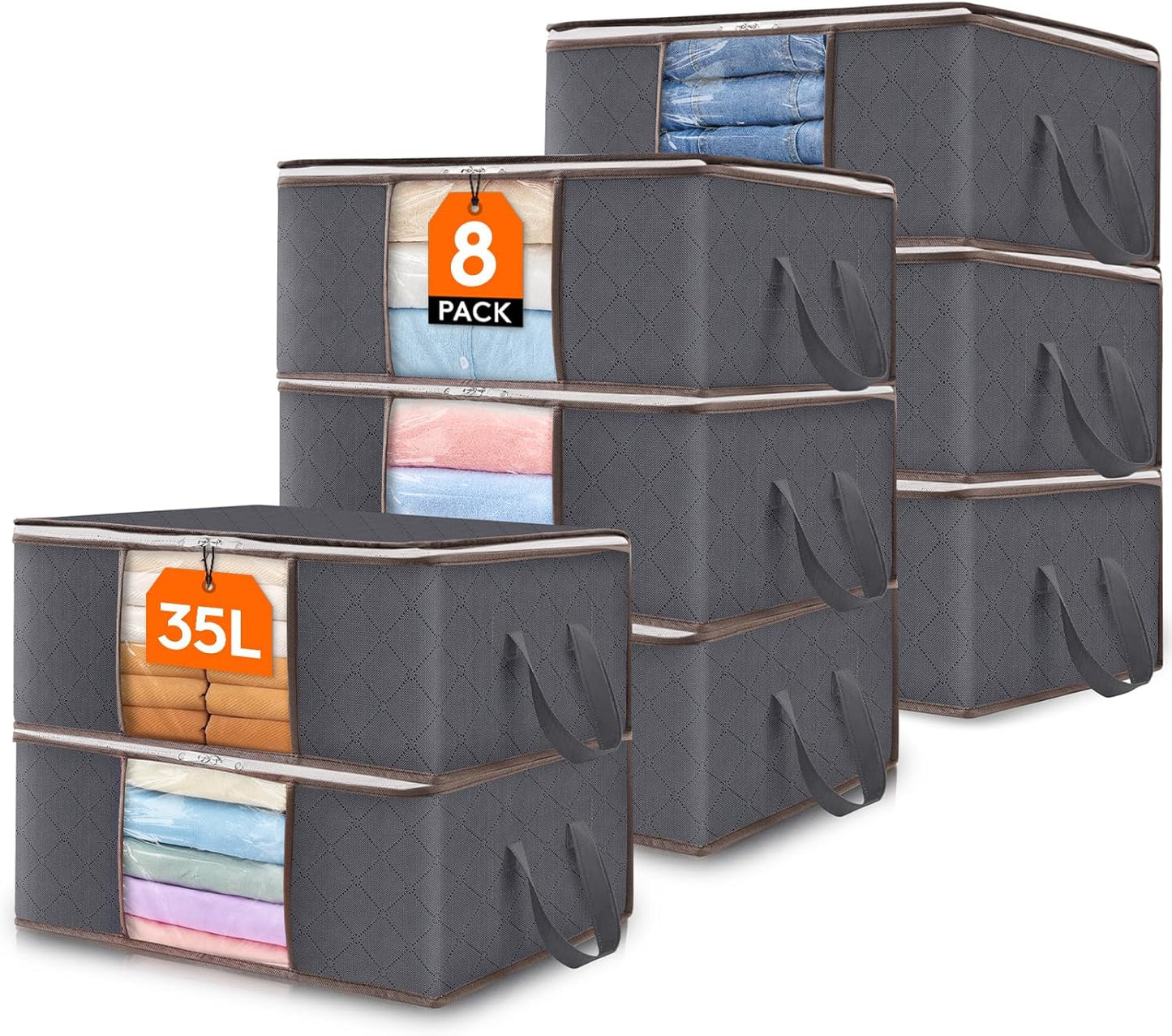 Lifewit 8 Pack Clothes Storage Bag, Foldable Storage Bin Closet Organizer with Reinforced Handle, Sturdy Fabric Blanket Storage with Clear Window, Storage Containers for Clothing, Bedding, Gray