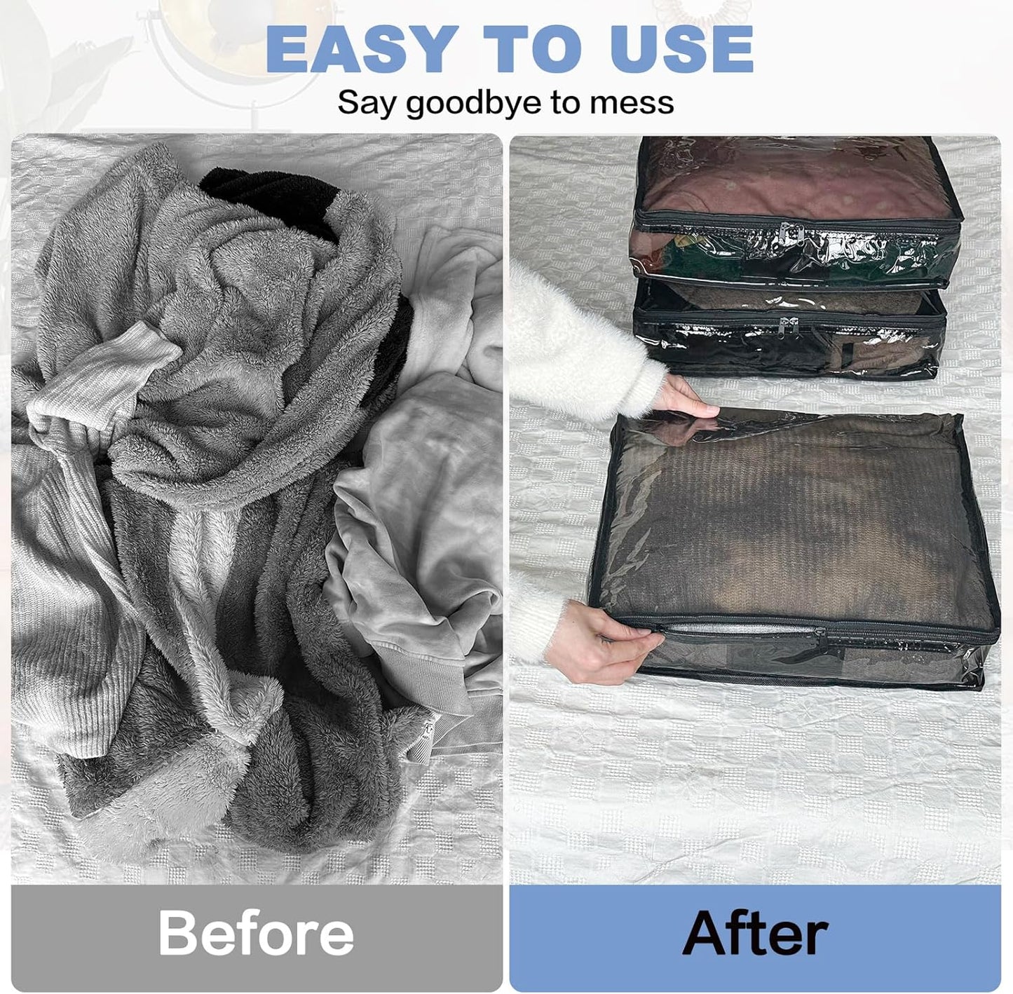 Clear Zippered Storage Bags Plastic Sweater Storage Bags with Zipper 6 Packs Clothing Organizer for Blankets Linen Sweater Bed Sheet Quilt Clothes Pillow (18 x 15 x 9 Inch, Black)