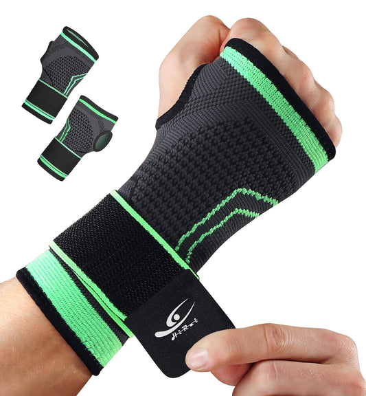 HiRui 2-Pack Wrist Brace Wrist Wraps, Hand Compression Sleeves with Wrist Straps Support for Fitness Weightlifting MTB Tendonitis Carpal Tunnel Arthritis Pain Relief (Green, Large)