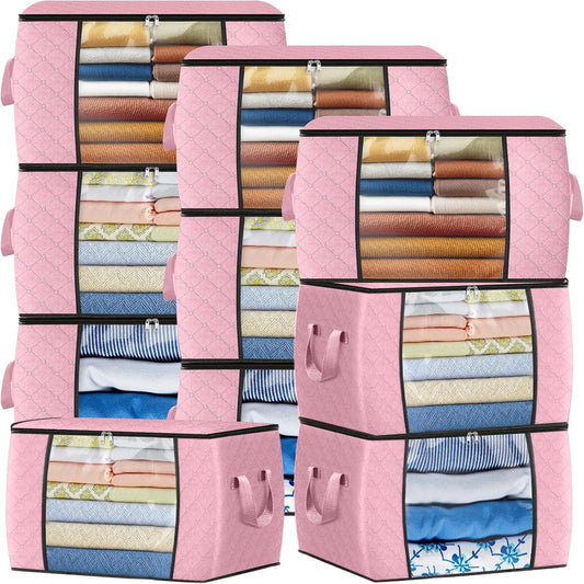 Fab totes 24 Gallons Clothes Storage, Foldable Thick Fabric Blanket Storage Bags, Containers for Organizing Bedroom, Closet, Clothing, Comforter, Organization with Handle (10 Pack,Pink)