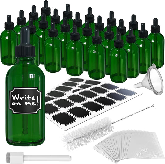 Nevlers 4 Oz Green Glass Dropper Bottle 24 PK | Leakproof Eye Droppers for Oils | Glass Tincture Bottles with Dropper, Shrink Wrap, Funnel, Brush, Marker & Labels | Eye Drop Dispenser Hair Oil Bottle