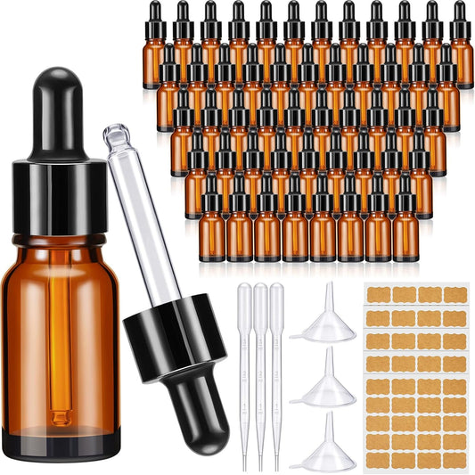 Lallisa 100 Pack Essential Oil Dropper Bottle 10 ml (1/3 Oz) Glass Dropper Bottles DIY for Diy essential Oil Perfume with 5 Funnels 5 Pipettes 3ml 100 Labels for Bathrooms, Hotels, Labs (Amber)