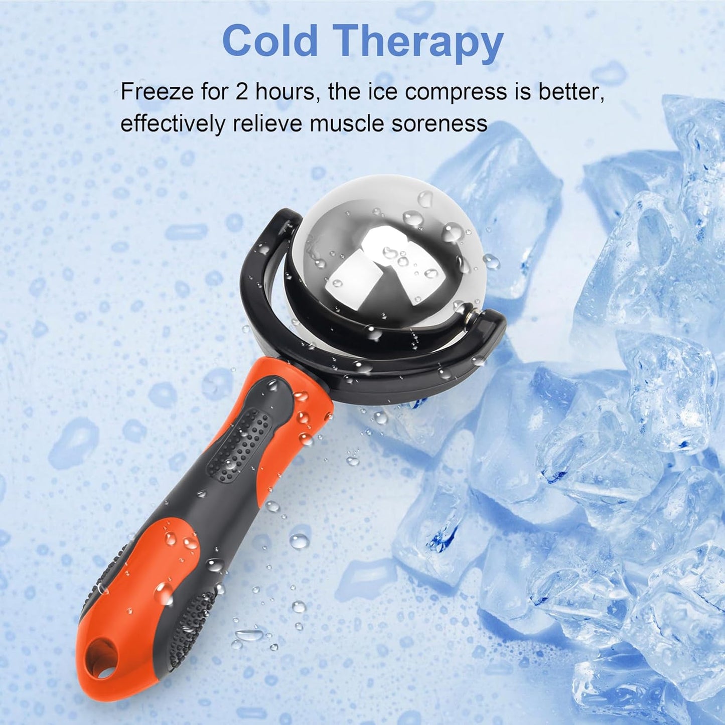 Cold Massage Roller Ball, Cold Therapy Relief, Portable Fitness Ice Roller Ball with Handle, Great Tool for Back/Neck Pain (Orange)