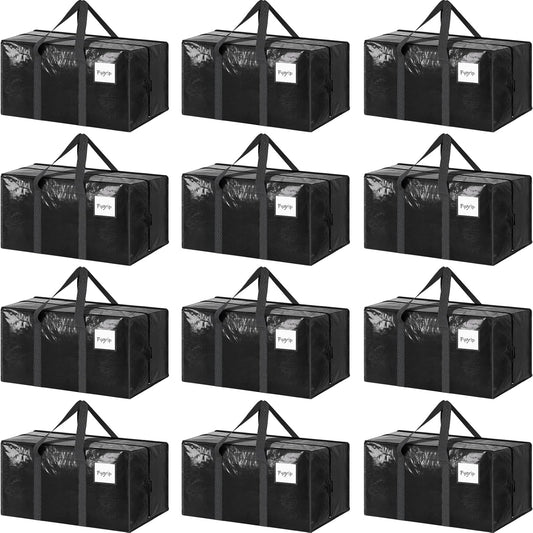 12 Pack Extra Heavy Duty Large Moving Bags with Strong Zipper & Comfortable Handles, Sturdy & Durable Clothes Storage Bags Totes Bins, Packing Moving Boxes for College Supplies, Black