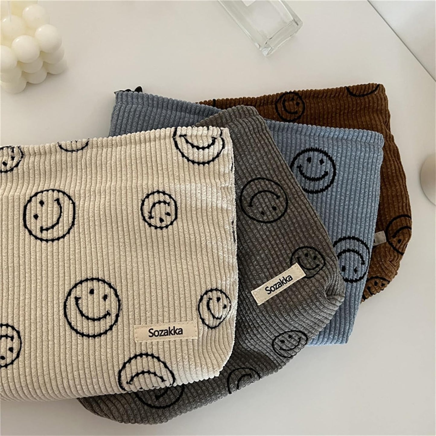 Cosmetic Bags for Women - Corduroy Cosmetic Bag Aesthetic Women Handbags Purses Smile Dots Makeup Organizer Storage Makeup Bag Girls Case Bags (A-Beige)