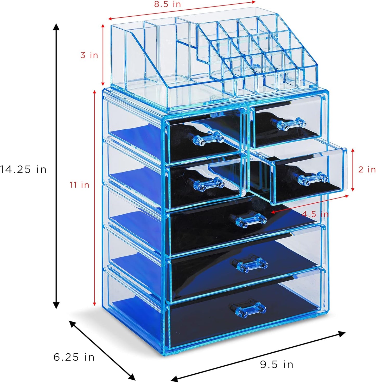 Sorbus Clear Cosmetic Makeup Organizer - Make Up & Jewelry Storage, Case & Display - Spacious Design - Great for Dresser, Bathroom, Vanity & Countertop (3 Large, 4 Small Drawers) [Blue Brilliance]
