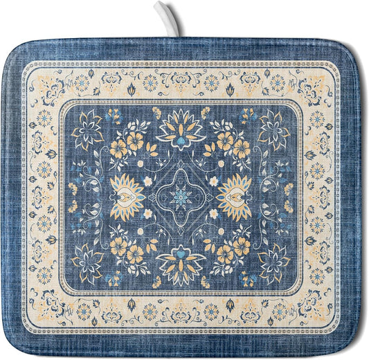 Blue Boho Dish Drying Mat for Kitchen Counter 16x18 Inch Fast Dry Drying Pad Vintage Floral Dish Drainer Rack Mats Coffee Bar Accessories
