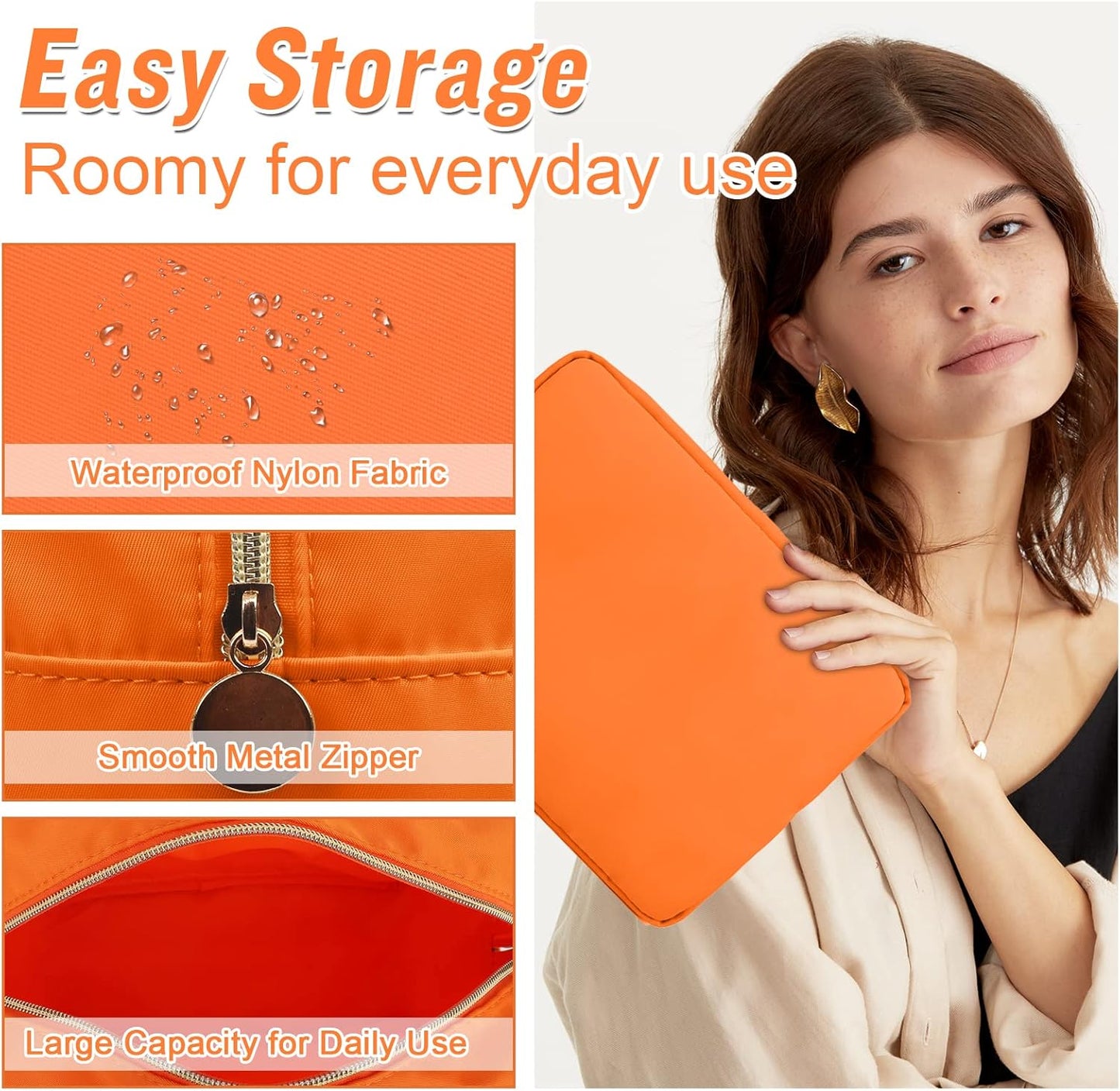 Nylon Large Makeup Bag Travel Cosmetic Bag Pouch, Preppy Big Makeup Bag Cute Cosmetic Zipper Pouch Purse, Waterproof Toiletry Bag Clutch Makeup Organizer Travel Essentials for Women Men Girls(Orange)