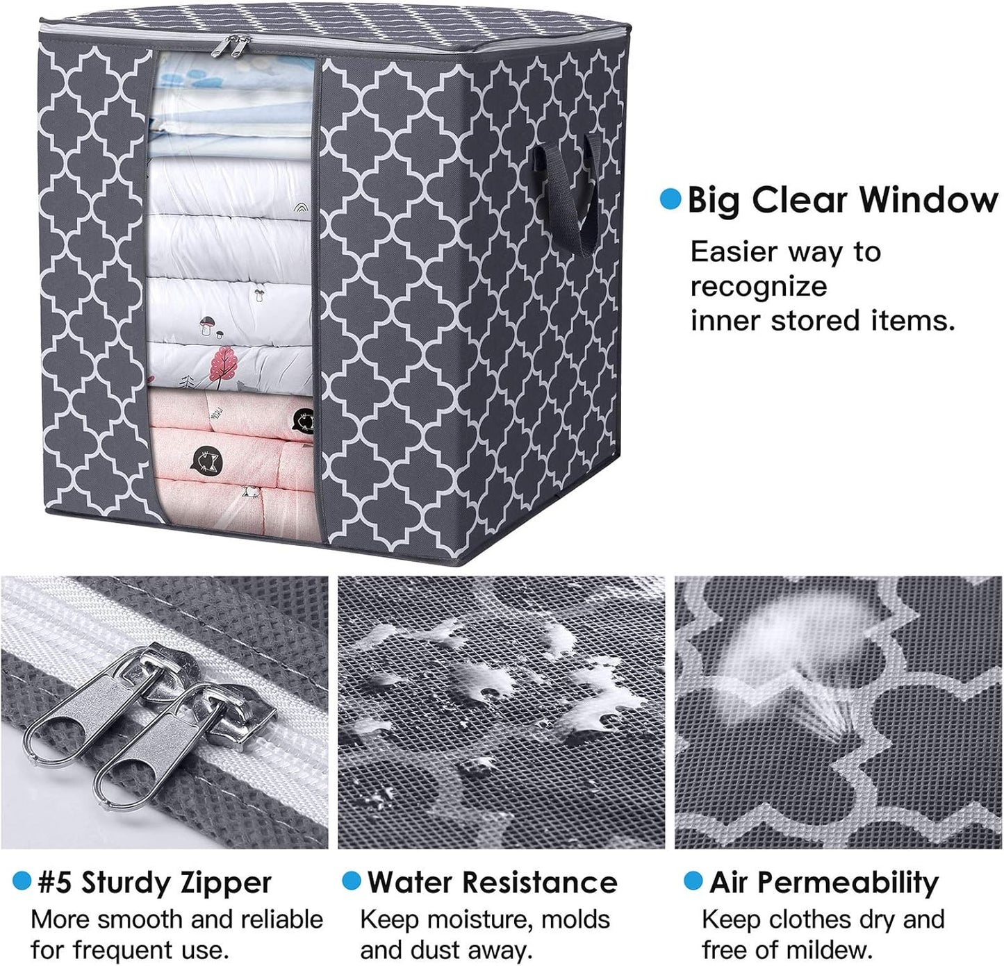 WISELIFE Storage Bags [3 Pack/100L] Large Blanket Clothes Organization and Storage Containers for Comforters,Bedding, Foldable Organizer with Reinforced Handle, Clear Window, Sturdy Zippers,Gray