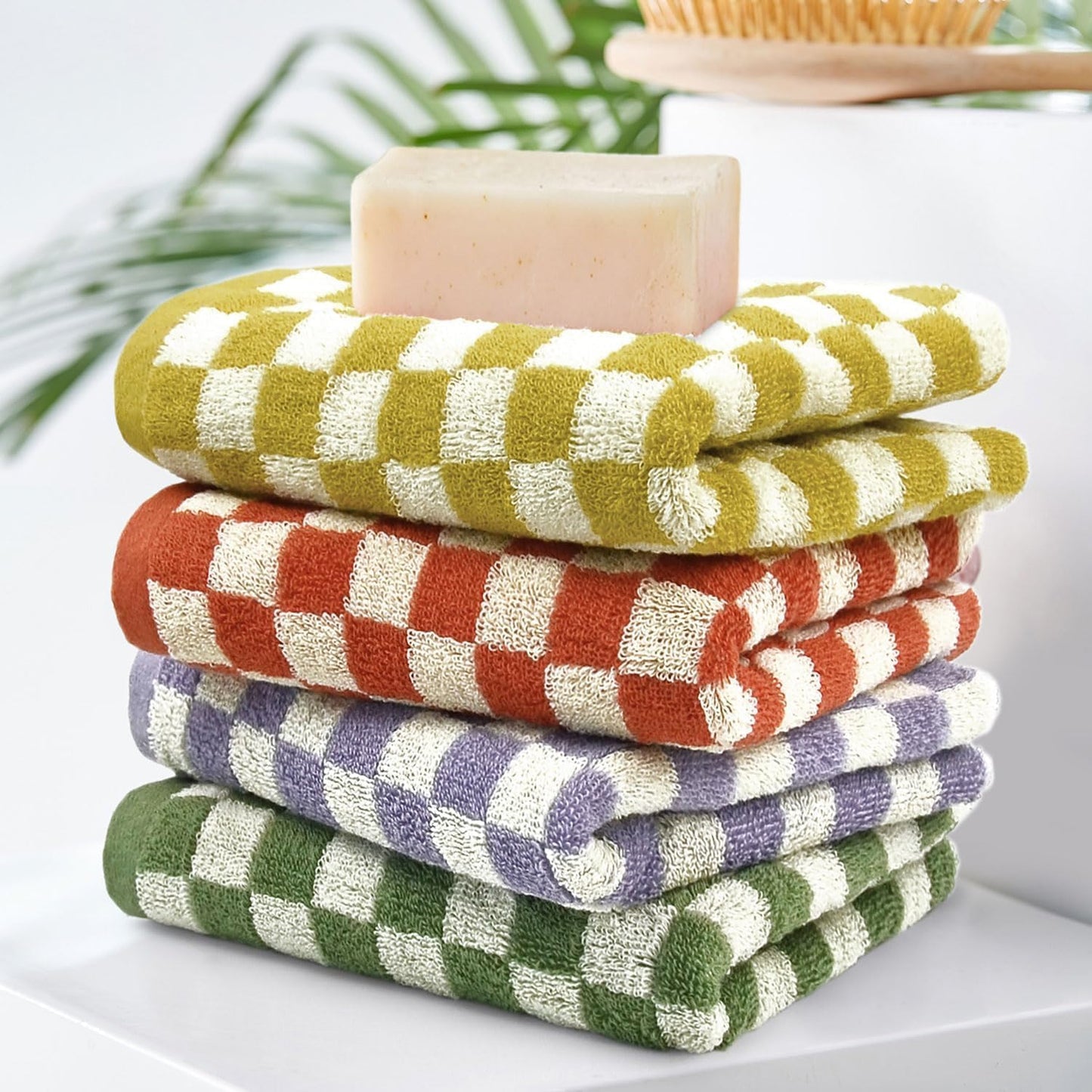 Jacquotha Hand Towels for Bathroom 4 Pack, Cotton Soft Absorbent for Face Spa Bath Gym Kitchen, Hand Towel Set Decorative Checkered, 13 x 29 Inches, 4 Colors