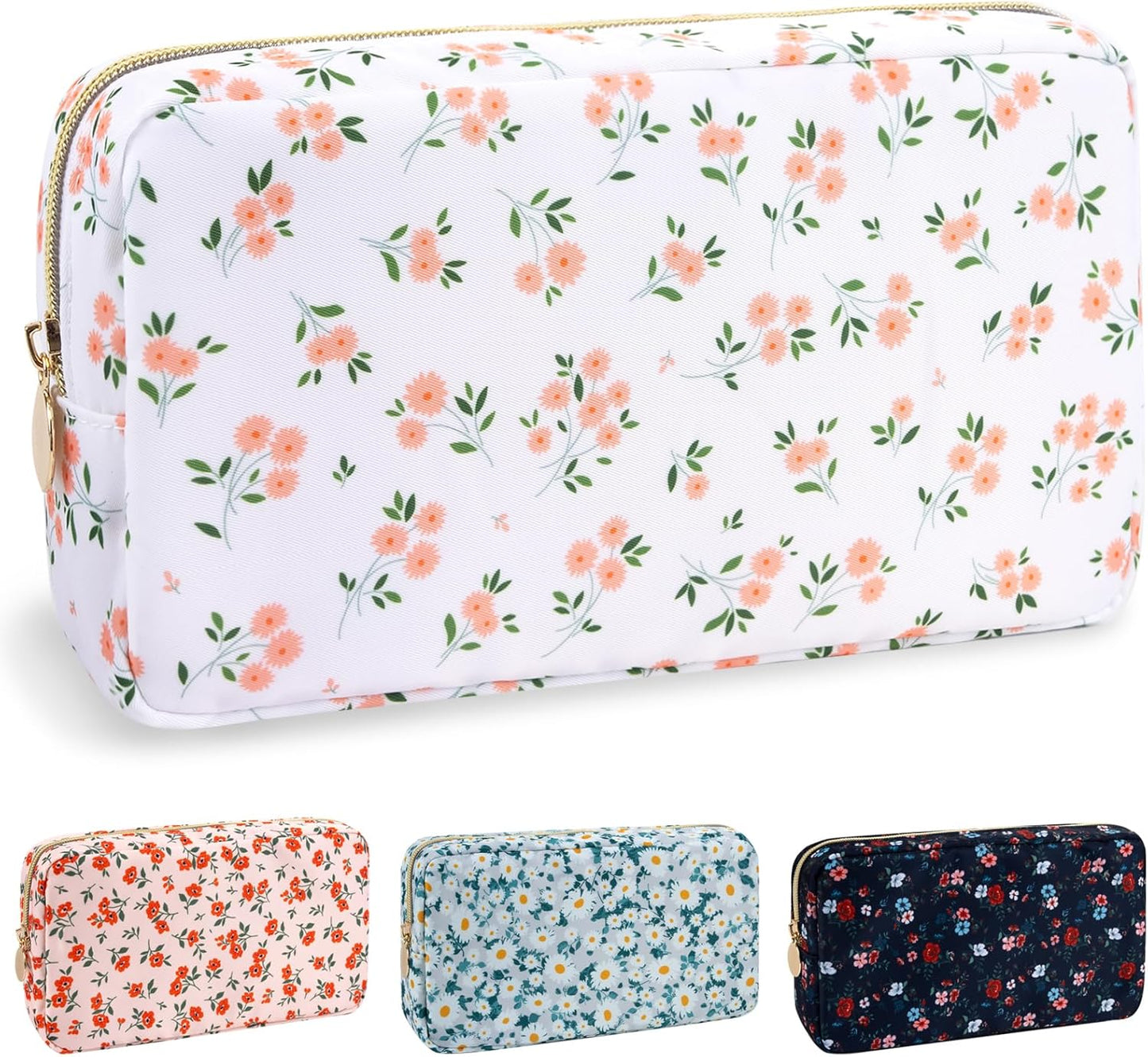 Nylon Small Floral Makeup Bag for Purse, Cute Preppy Travel Makeup Bag Flower Cosmetic Zipper Pouch Purse, Waterproof Toiletry Bag Make Up Organizer Storage Travel Essentials for Women(White-Floral)