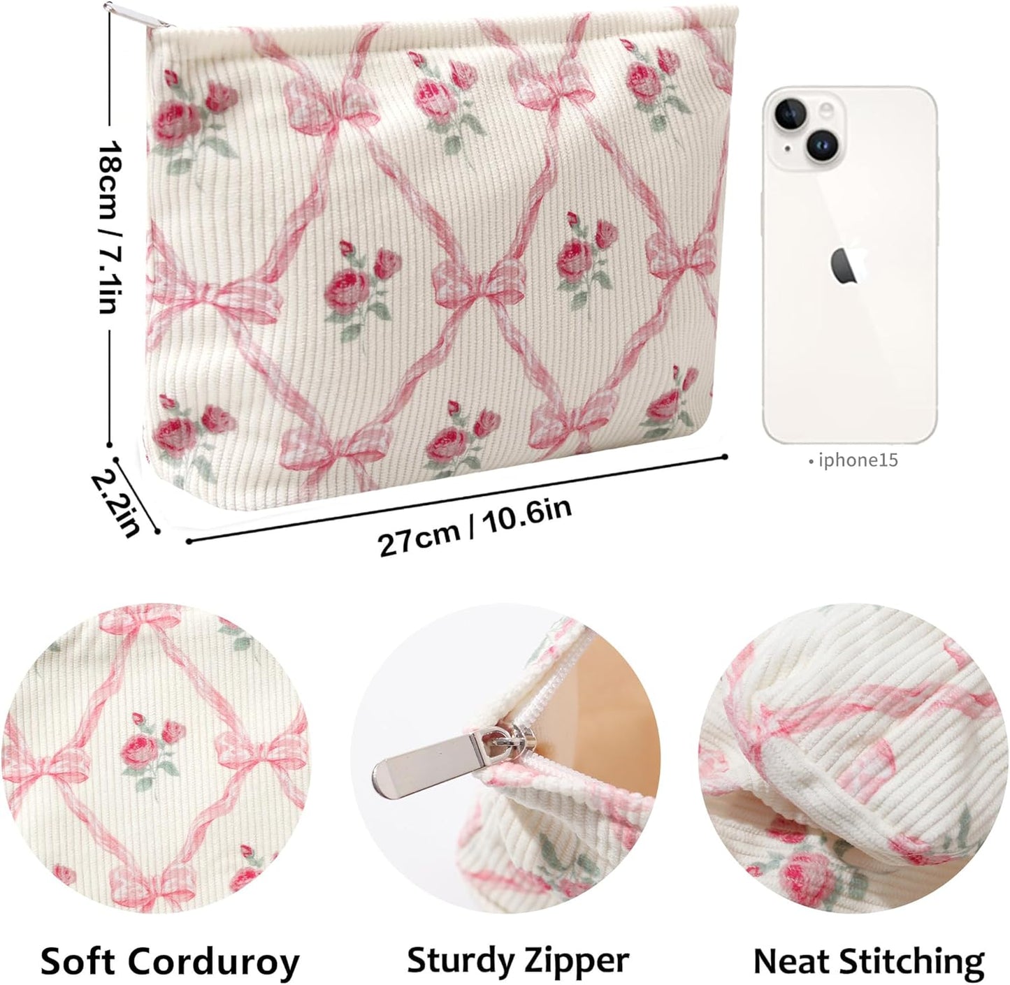 Cosmetic Bags for Women - Corduroy Cosmetic Bag Aesthetic Women Handbags Purses Smile Dots Makeup Organizer Storage Makeup Bag Girls Case Bags (Flowers-Bow)