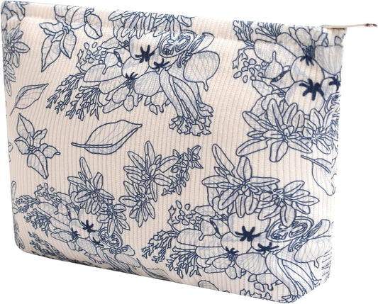Cosmetic Bags for Women - Corduroy Cosmetic Bag Aesthetic Women Handbags Purses Smile Dots Makeup Organizer Storage Makeup Bag Girls Case Bags (Flowers-Navy blue)