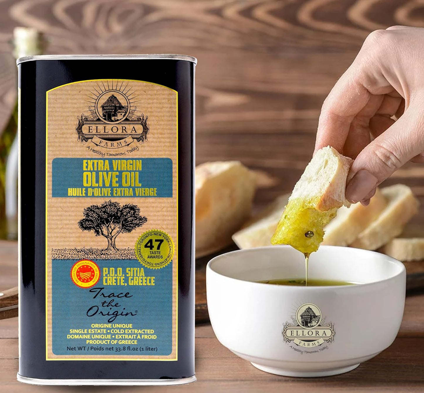 Ellora Farms, Greek Extra Virgin Olive Oil, Certified PDO SITIA, Single Estate, Single Origin, Single Variety, Cold Press & Traceable Olive Oil, Crete, Greece, Kosher, 1 Lt Tin (33.8 oz.)