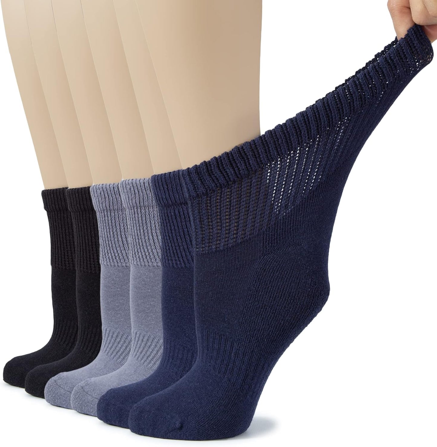 Hugh Ugoli Women's Cotton Diabetic Ankle Socks, Wide, Loose, Stretchy, Seamless Toe, Non Binding Top Semi Cushion, 3-6 Pairs