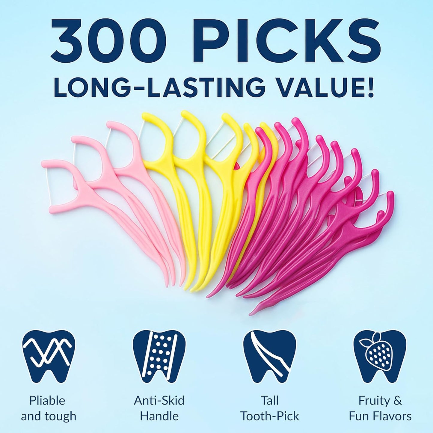 Flavored Floss Picks, 300 Count, Dental Floss Picks for Teeth with Fun Fruit Flavors, Flosser Picks for Adults and Children, | Strawberry, Lemon & Raspberry Flavor