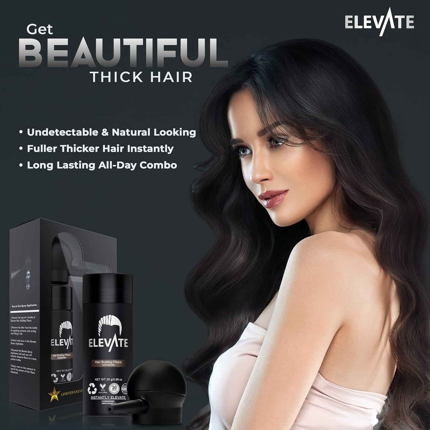 ELEVATE Hair Perfecting 2-in-1 Kit | Set Includes Natural Hair Thickening Fibers & Spray Applicator Pump Nozzle | Instantly Conceal & Thicken Thinning Balding Areas in Seconds Men & Women (Dark Brown)