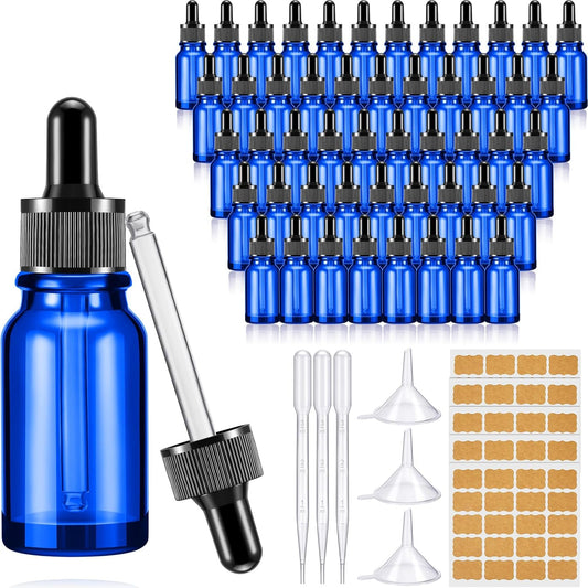 Lallisa 100 Pack Essential Oil Dropper Bottle 15 ml (1/2 Oz) Glass Dropper Bottles DIY for DIY Essential Oil Perfume with 5 Funnels 5 Pipettes 3ml 100 Labels for Bathrooms, Hotels, Labs (Blue)