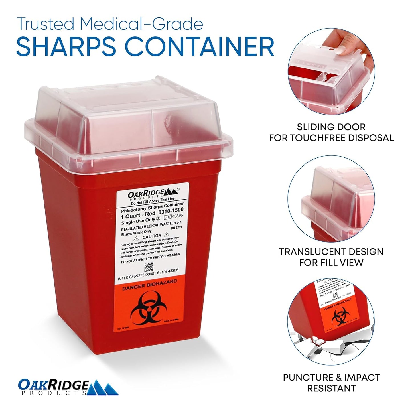 Oakridge Products Sharps Container for Home Use and Professional 1 Quart (3-Pack), Biohazard Needle and Syringe Disposal, Small Portable Container for Travel, CDC Certified
