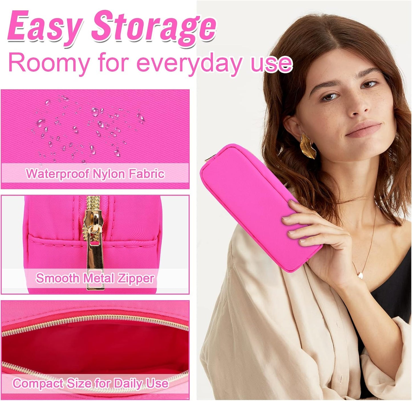 Izuzt Nylon Small Makeup Bag, Slim Pouch - Preppy Cute Makeup Brush Case, Cosmetic Zipper Pouch for Purse, Waterproof Travel Toiletry Bag Clutch, Makeup Organizer for Women & Girls (Hot Pink)