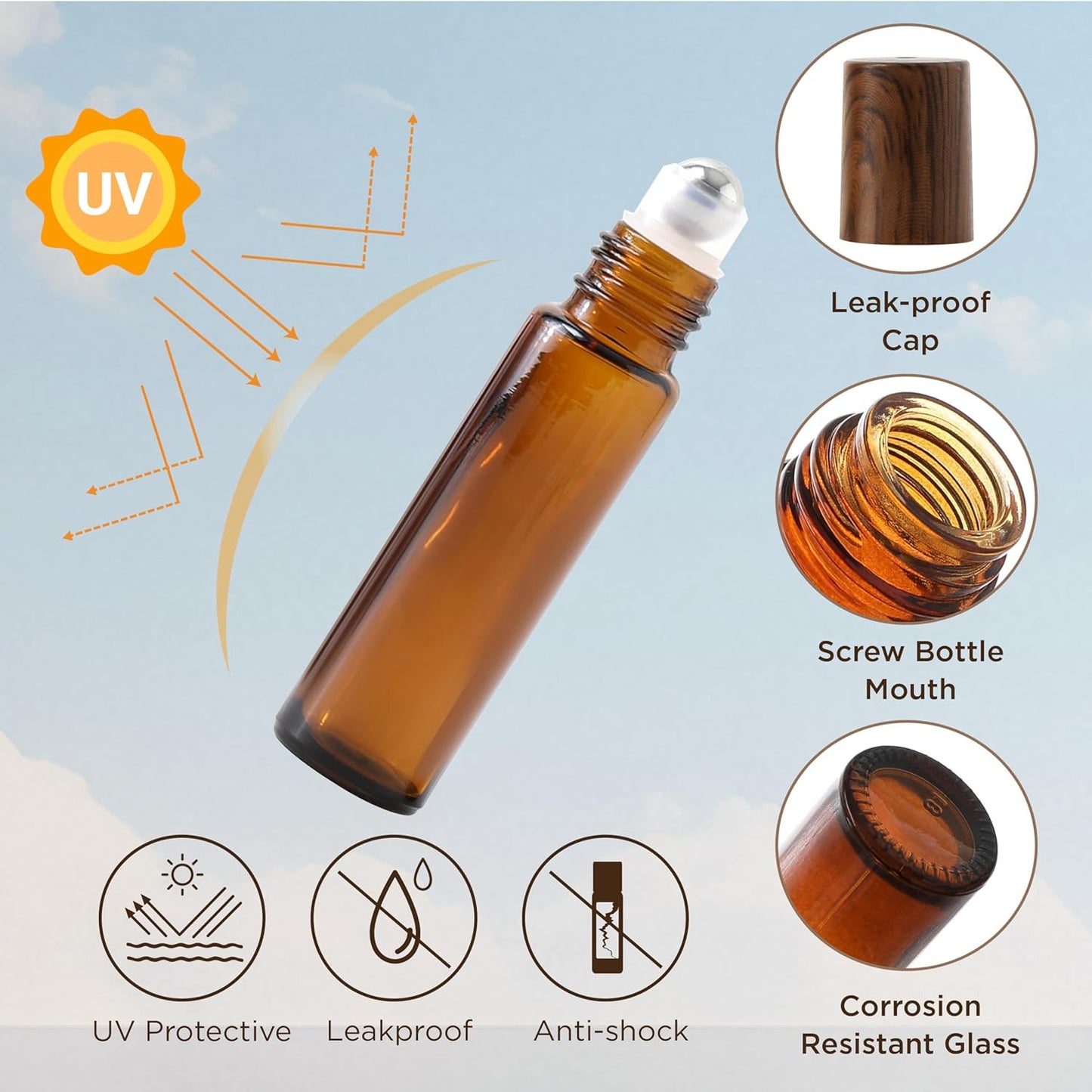 Essential Oil Roller Bottles, 4PCS (10ml & 5ml) Glass Perfume Roller Bottles with Funnel Opener and Dropper Beauty and Personal Care Tools (Amber, 4 Packs)