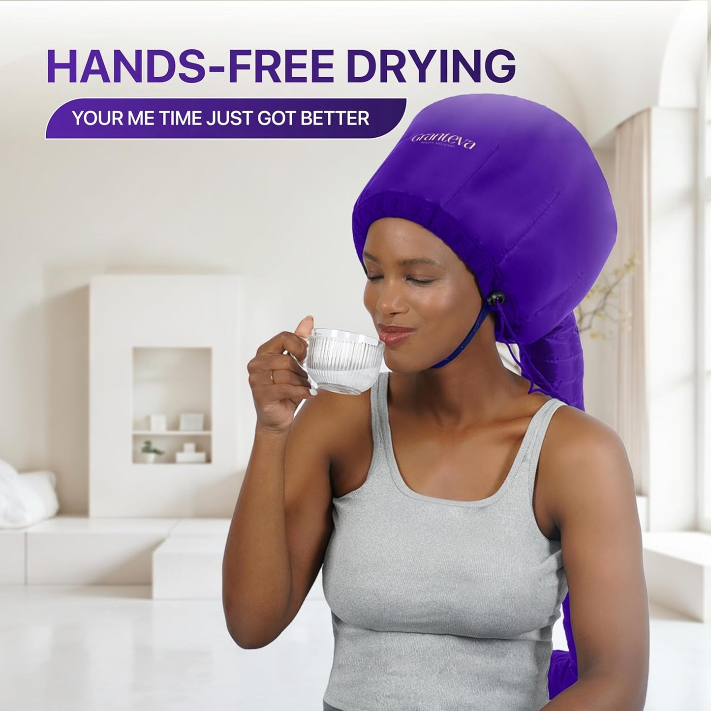 Bonnet Hair Dryer Attachment w/A Headband Integrated That Reduces Heat Around Ears & Neck - Diffuser Cap for Hair Dryer Curly Hair, Speeds Up Drying Time, Deep Conditioning at Home - Large (Purple)