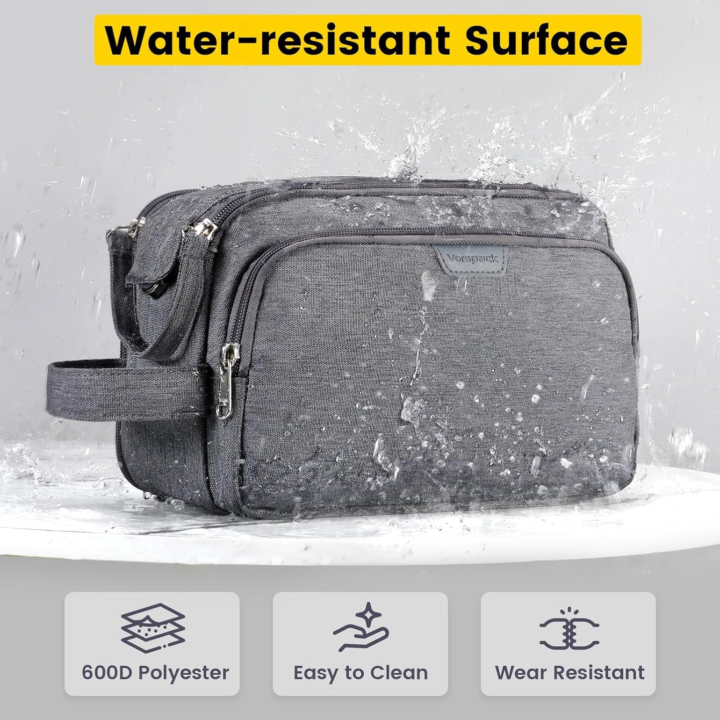 Vorspack Large Travel Toiletry Bag - Water Resistant Travel Bag for Toiletries, Cosmetics, Accessories, Gifts for Men - Grey