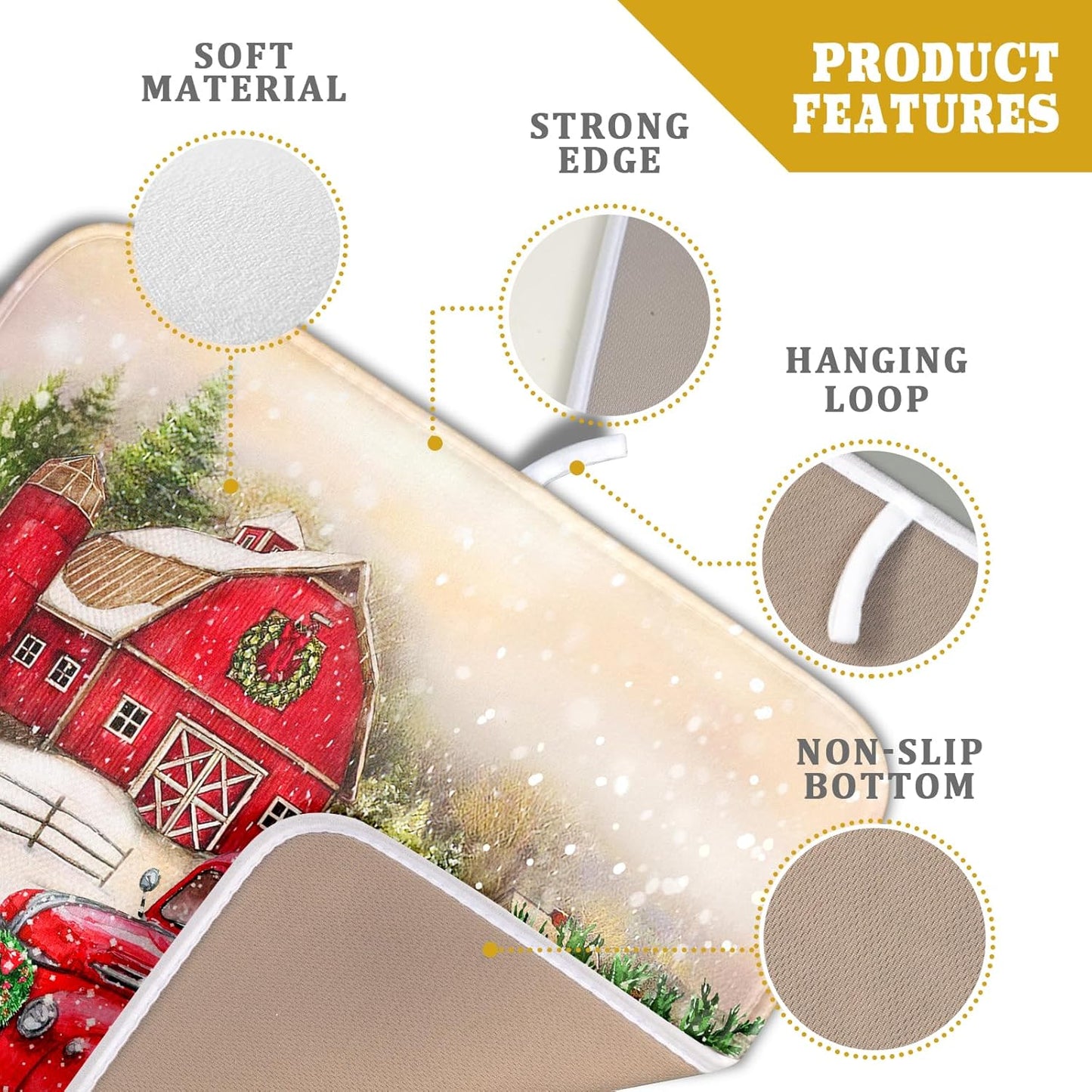 Red Truck Dish Drying Mat Xmas Tree Dish Drainer Rack Mat Winter Microfiber Absorbent Drying Pad for Home Kitchen Counter Decor 16x18 Inch