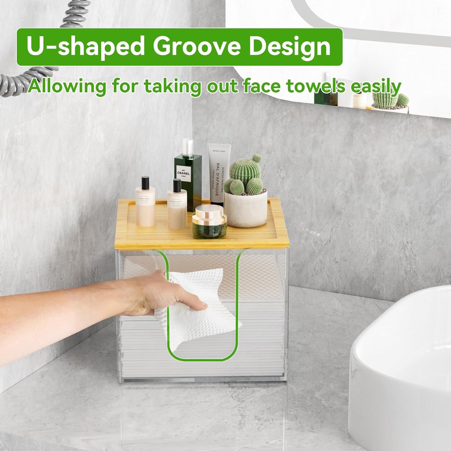 VITVITI Disposable Face Towel Holder Box, Acrylic Facial Towel Container for XL Clean Skin Club, Large Disposable Face Towels Storage with Bamboo Lid, for Bathroom, Vanity Makeup, Clear