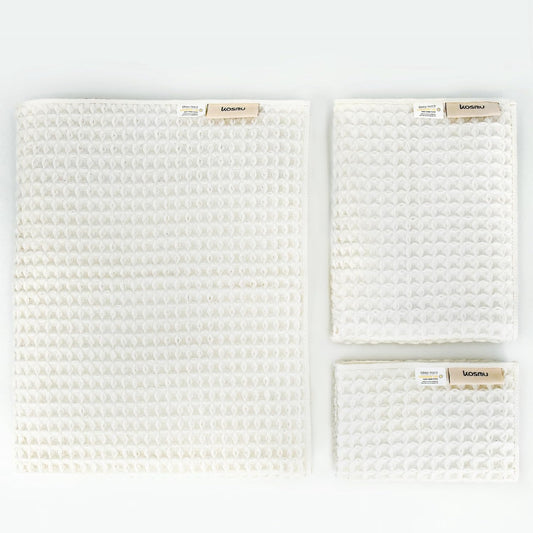 Luxury Japanese Cotton Waffle Bath Towel | Plush, Absorbent, and Quick Dry | Free Storage Bag Included (Shell White, Bath Sheet Set (3-Piece))