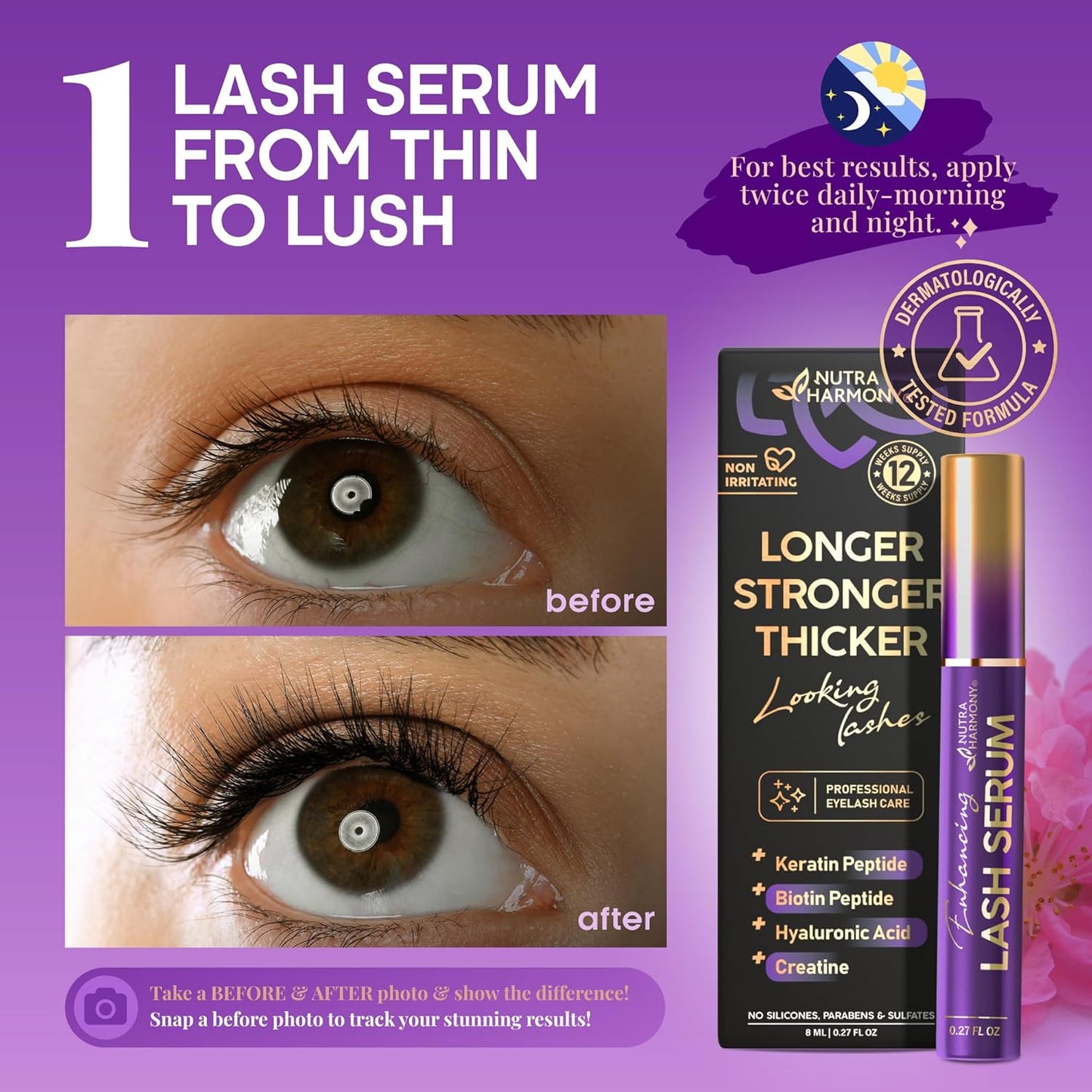 Lash Serum for Eyelash Growth – Pro Treatment with Keratin, Biotin & Peptides – Hyaluronic Acid, Creatine & Castor Oil – No Prostaglandins, Vegan, Non‑Irritating Formula for Longer, Fuller Lashes, 8ml