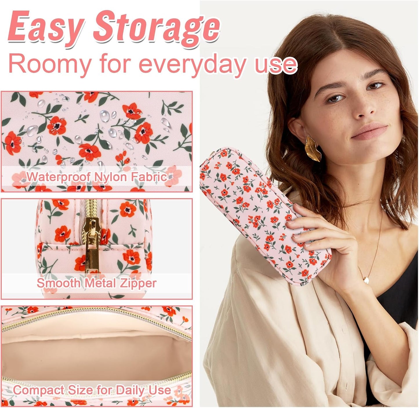 Nylon Small Floral Makeup Bag Slim Pouch, Preppy Cute Makeup Brush Bag Pink Makeup Bag Flower Cosmetic Zipper Pouch for Purse, Waterproof Travel Toiletry Bag Make Up Organizer for Women(Pink-Floral)