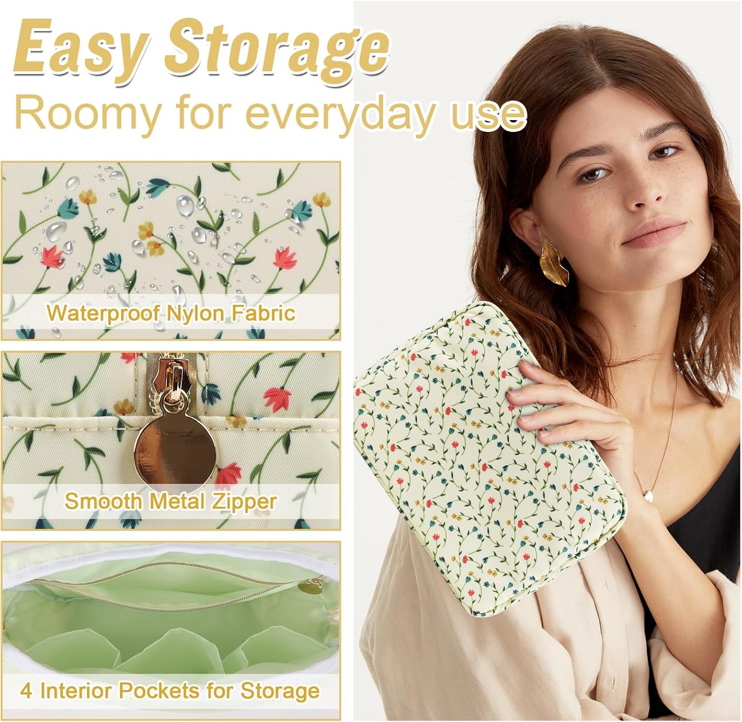 Nylon Large Floral Makeup Organizer Bag, Preppy Big Cute Flower Cosmetic Zipper Pouch Multi-compartment with Dividers, Waterproof Toiletry Make Up Bag Travel Essentials for Women(Light Yellow-Flower)