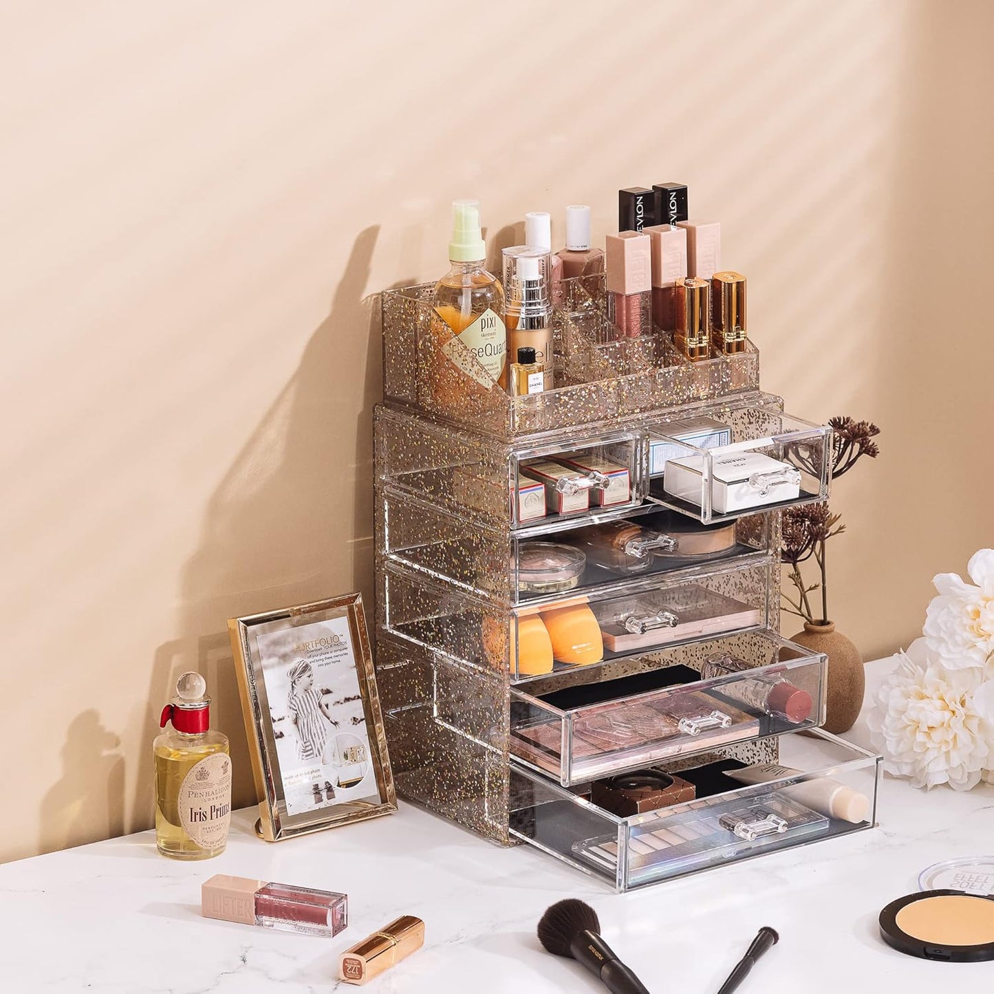 Sorbus Clear Cosmetic Makeup Organizer - Make Up & Jewelry Storage, Case & Display - Spacious Design - Great Holder for Dresser, Bathroom, Vanity & Countertop (4 Large, 2 Small Drawers) [Glitter]