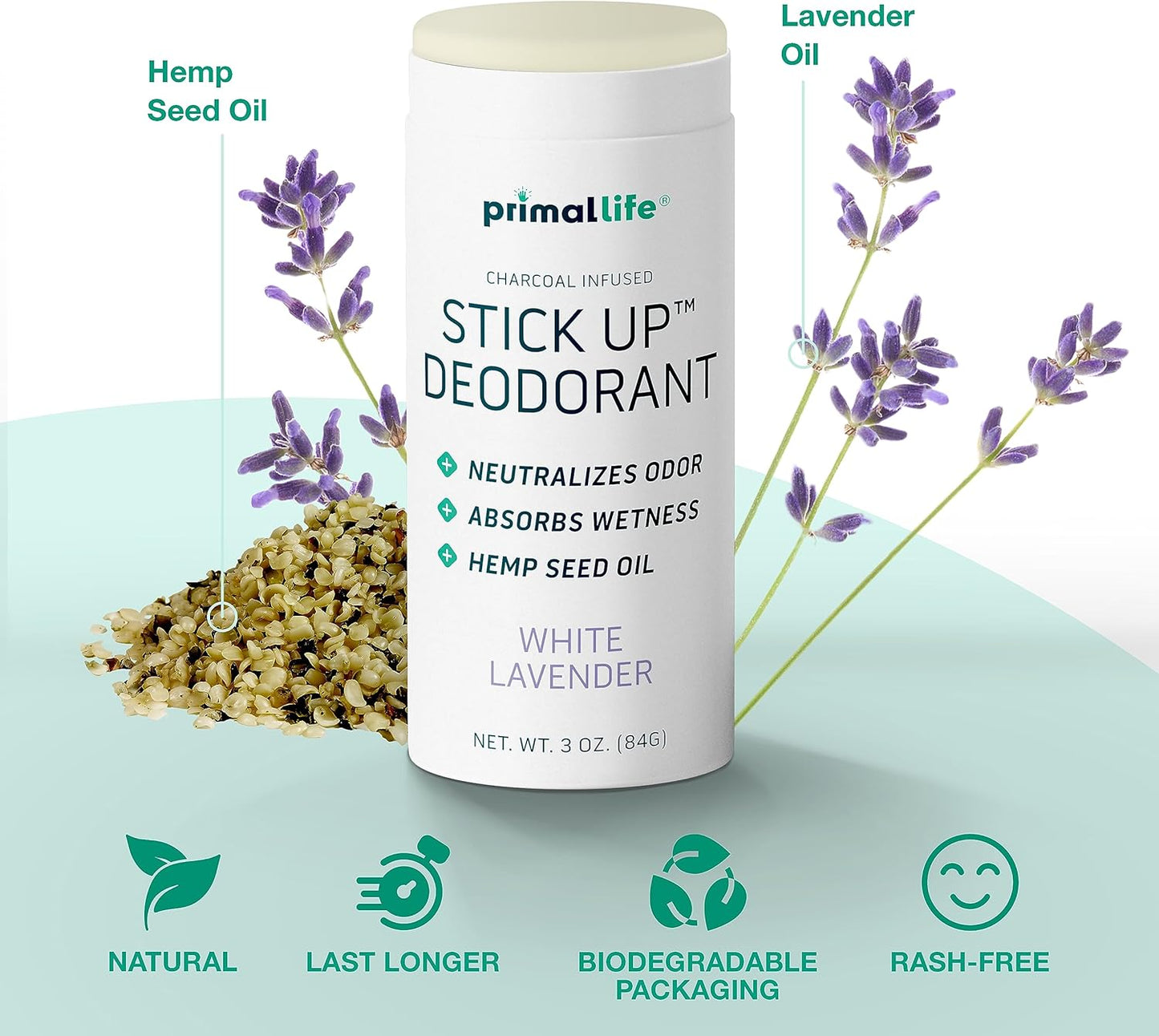 Stick Up Natural Deodorant for Women and Men with Bentonite Clay Powder, Arrowroot, Magnesium, Zinc, 3 oz. Vegan Deodorant for 3-4 months, White Lavender - Primal Life Organics