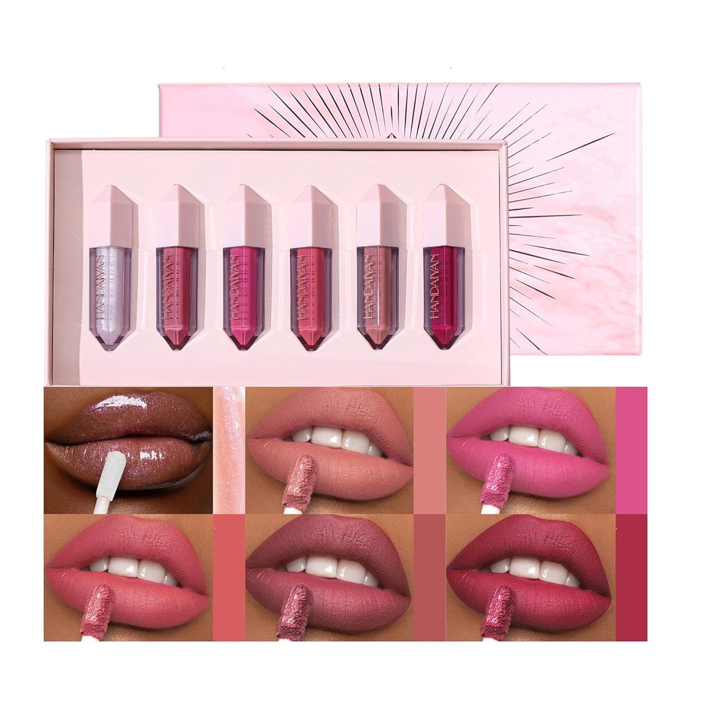6PCS Diamond Lip Gloss Set, Matte & Pearlescent Finish, Long-Lasting Hydrating Lipstick, Non-Sticky, High-Pigment Formula for All-Day Wear, Shimmer & Velvet Effect (Diamond A, 1)