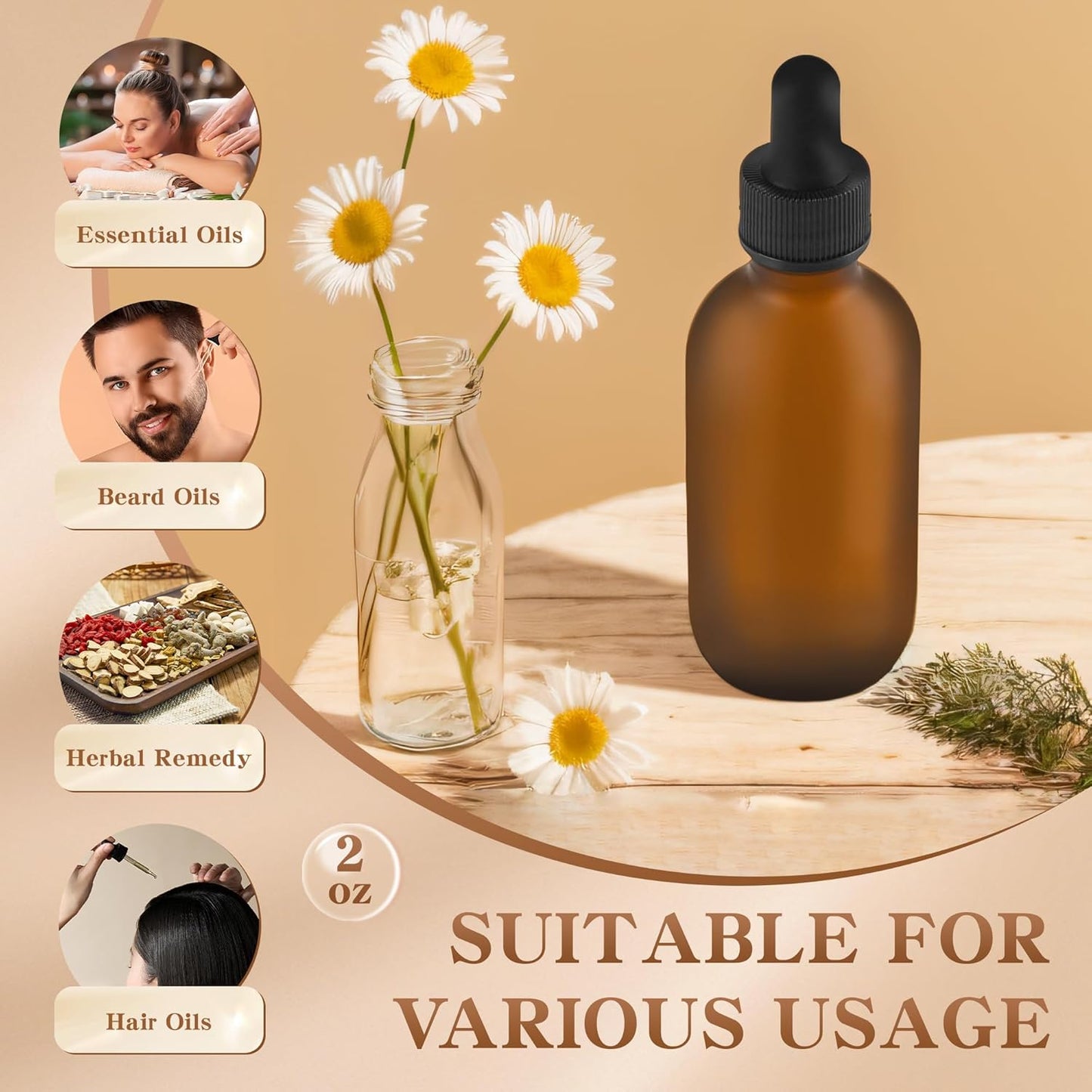 BILLIONSTARS 24 Pack 2oz Glass Boston Round Bottle with Graduated Calibrated Glass Pipettes - Amber Frosted - Tincture Bottles for Essential Oils, Liquids - Leakproof Travel Bottles