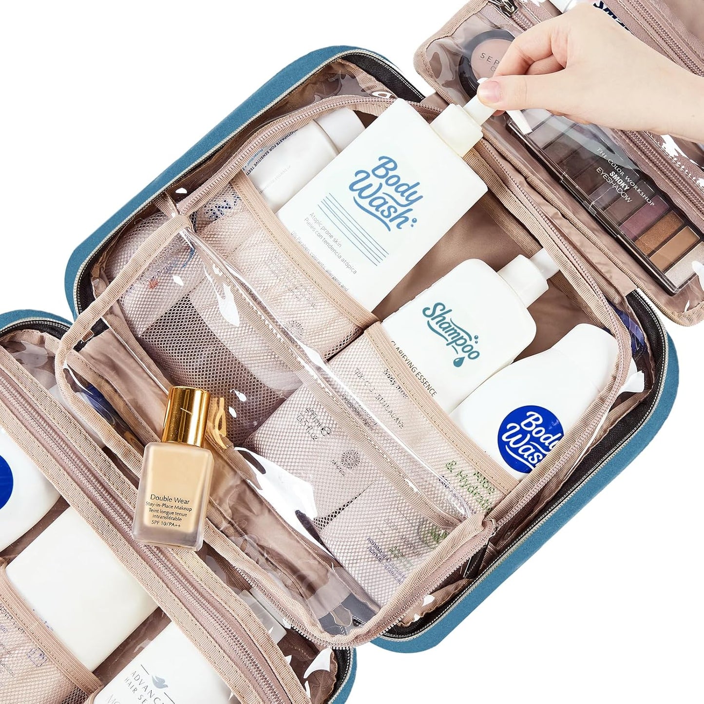 NISHEL Travel Toiletry Bag for women, Portable Hanging Organizer for Full-Sized Shampoo, Conditioner, Brushes Set, Makeup Accessories, Large Size, Lake-Blue