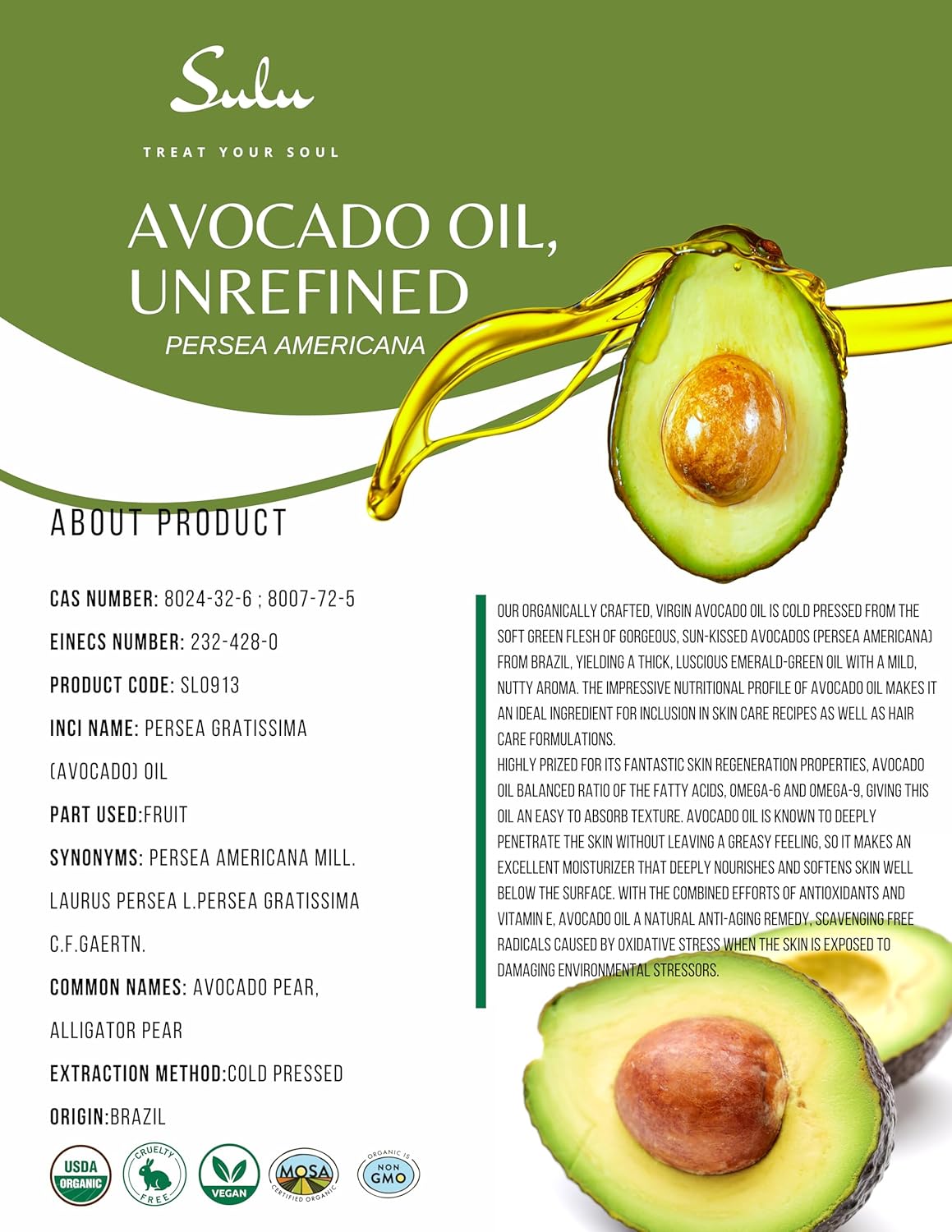 USDA Certified Organic Cold Pressed Unrefined Raw Avocado Oil - 16 fl.oz